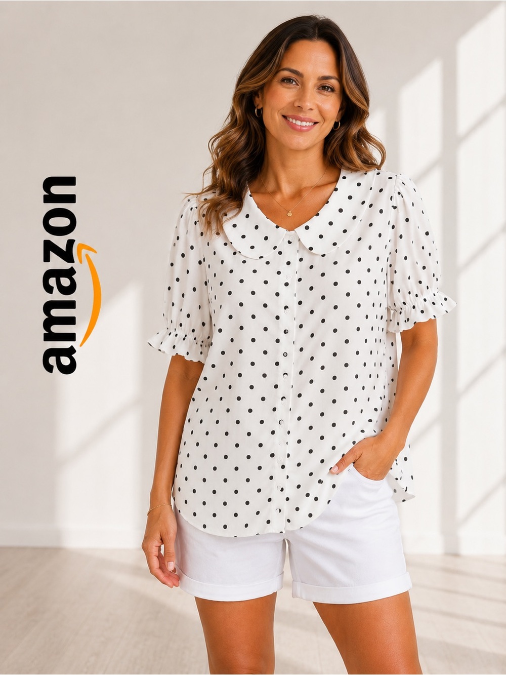 NWOT Amazon Essentials White Polka Dot Peter Pan Collar Blouse